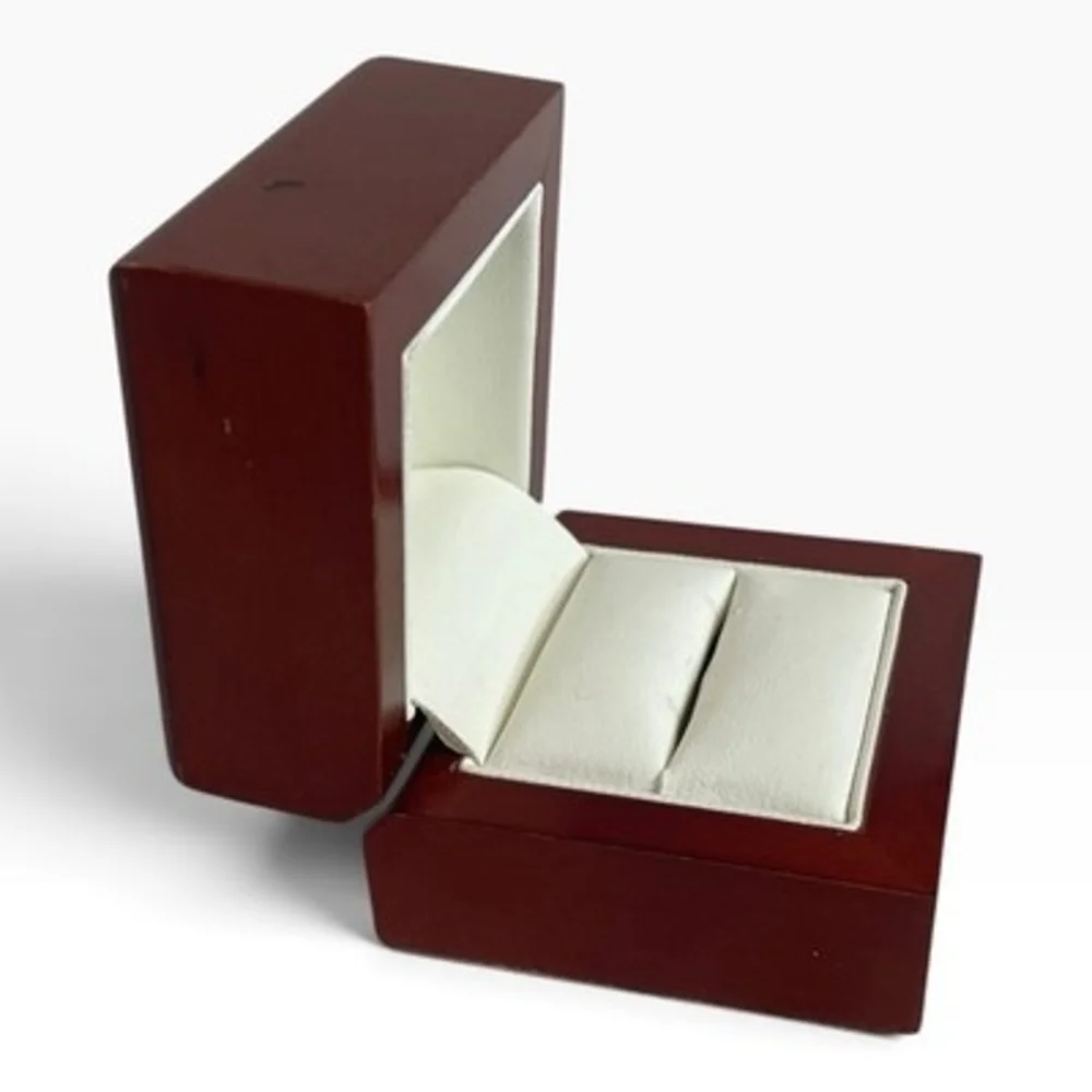 Glossy Mahogany Wood Double Slot Ring Box Set of 2 White Leather Interior